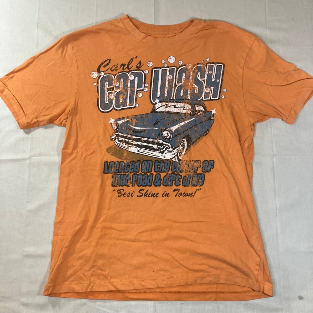 Cremieux Mens Orange Carl's Car Wash Graphic T-Shirt Size S Classic Car Retro